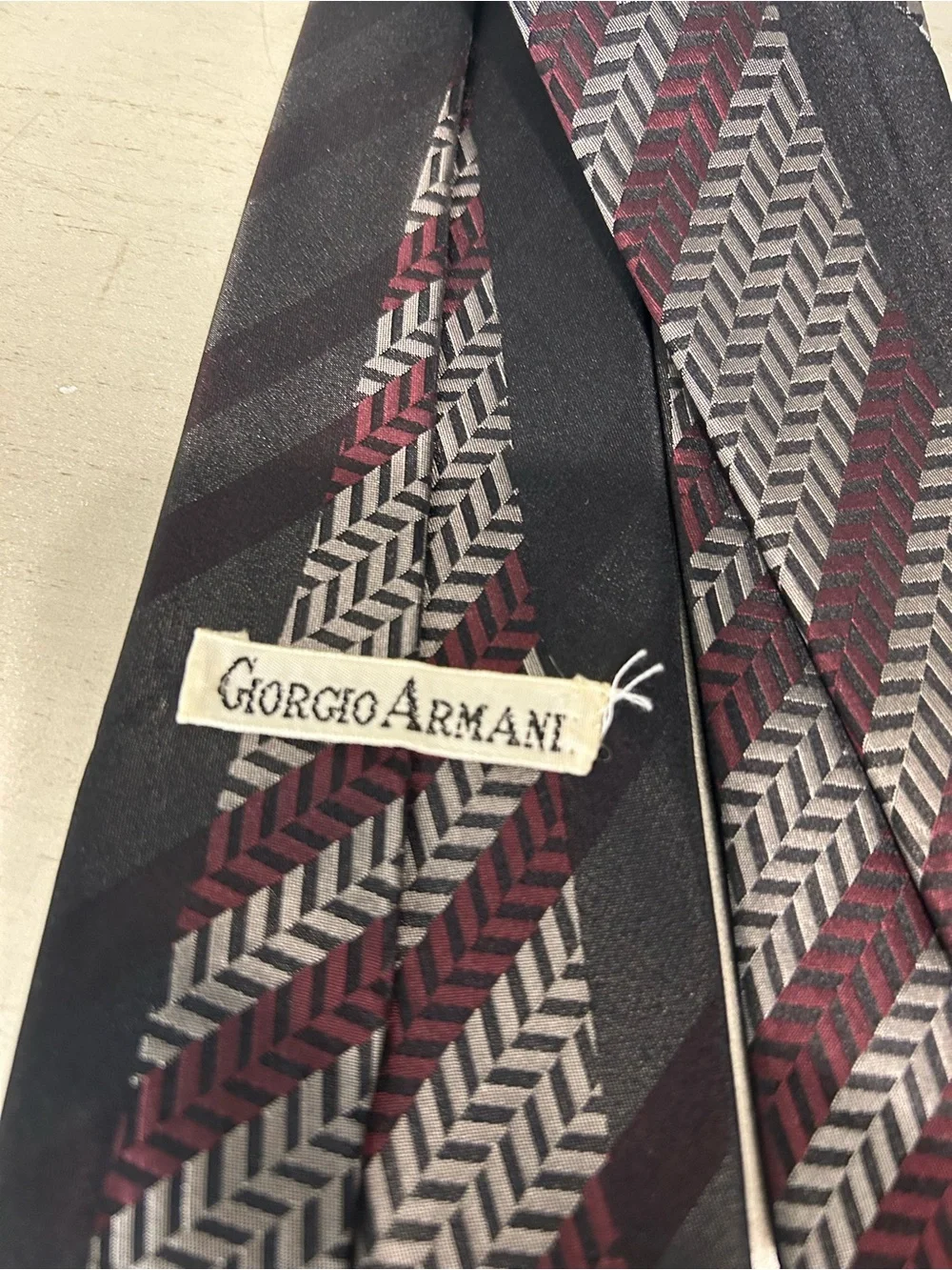 Giorgio Armani Black Tie with Burgundy & Gray Chevron Stripes